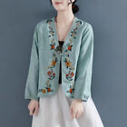 Lady Floral Printed Ethnic Cotton Shirt Tops Embroidery Cardigan Coat Button Top