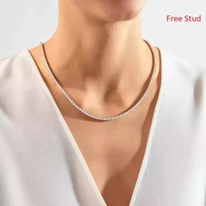 10 CT Round Cut Natural Moissanite Women's Tennis Necklace 14K White Gold Finish - Picture 1 of 2