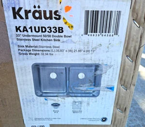 Kraus Dex Undermount 33" x 19" Stainless Steel Double Equal Bowl Kitchen Sink - Picture 1 of 7