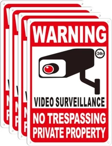4-Pack Private Property No Trespassing Signs, 12"x8" Video Surveillance Signs... - Picture 1 of 12