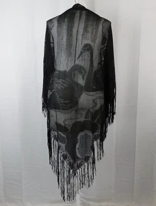 Vintage Fringe Triangle Piano Scarf Lace Swan Pattern Evening Shawl Black #A65 - Picture 1 of 7