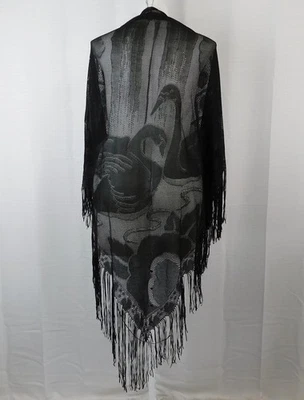 Vintage Fringe Triangle Piano Scarf Lace Swan Pattern Evening Shawl Black #A65 - Image 1 of 4