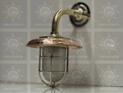 Nautical Bulkhead Wall Light Fixture Solid Brass with Milky Glass & Copper Shade - Image 1 of 4