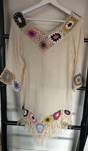 BOHO Festival Long Tunic Top Vintage Size 6-12 Crochet Trim Fringe Edging - Picture 1 of 6