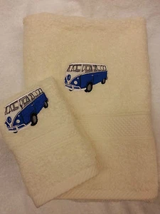 PERSONALISED VW CAMPER VAN TOWEL SET CHRISTMAS GIFT HAND TOWEL/ FACE CLOTH - Picture 1 of 2