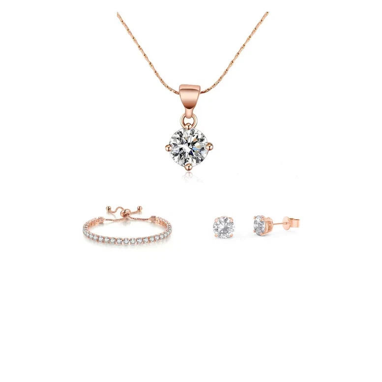 10k Rose Gold 7Ct Round Created White Necklace, Earrings, & Bracelet Plated Set - Image 1 of 1