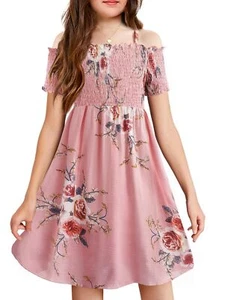 Little Kid Girls' Clod Shoulder Fashion Dress Casual Summer Dresses Pink for ... - Picture 1 of 9