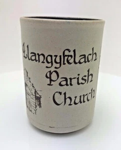 LAUGHARNE Pottery Mug Vintage Llangyfelach Parish Church Handmade Stoneware - Foto 1 di 7