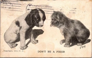 Non essere un piker CUCCIOLO e GATTINO c1913 cartolina arte animale - Foto 1 di 2