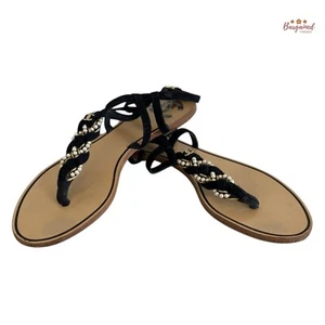 Authentic CHANEL Black Faux Pearl Rope Gold CC Logo Flat T-Strap Sandals 37 C/7 - Picture 1 of 12