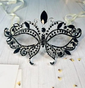 Butterfly Masquerade Black Diamond Mask, Halloween Party Silver Mask, Prom Mask - Picture 1 of 4
