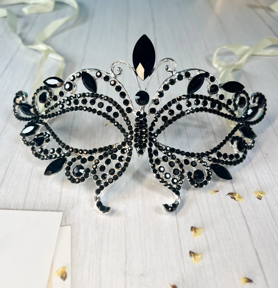 Butterfly Masquerade Black Diamond Mask, Halloween Party Silver Mask, Prom Mask - Image 1 of 4