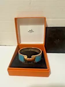 NEW Hermes Clic Clac H Wide Goldstone Teal Enamel Bracelet Small PM Dust Bag Box - Picture 1 of 18
