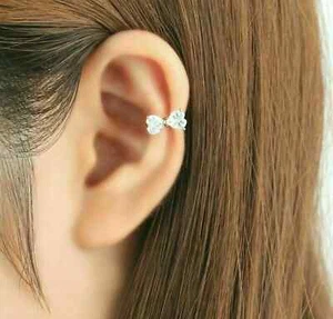 2.0Ct Heart Lab Created Diamond Two Heart Ear Cuff Earring 14k White Gold Plated - Picture 1 of 2