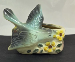 Vintage 1950-60's Flying Blue Bird with Flowers Oval Ceramic Planter 5" Tall - Picture 1 of 10