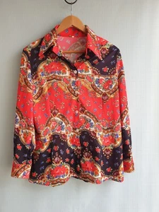 Vintage Stretch Bright Collared 60s 70s Pattern Button Down Shirt Costume 14/16 - Picture 1 of 10