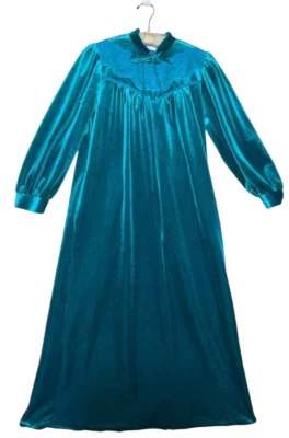 De Colección Miss Elaine Casa Abrigo Bata Talla S/M Terciopelo Encaje Años 70 Verde azulado Bolsillos con Cremallera Retro Foto 1 de 4
