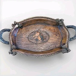 Vintage Equestrian Wooden Serving Tray with Horseshoe Handles Carved Horse Inlay - Picture 1 of 10