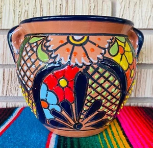 Lg  MEXICAN TALAVERA Folk Art POTTERY FLOWER POT PLANTER CERAMIC #8 - Picture 1 of 11