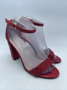 De Blossom Red Rhinestone Chunky Heels Ankle Strap Open Toe Size 7 - Picture 1 of 10