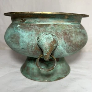 Vintage Solid Brass Planter 2 Handles Verdigris Cauldron Situla Censer Rustic - Picture 1 of 19