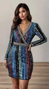 Endless Rose Multicolor Pailletten versteckter Reißverschluss V-Ausschnitt Spitze Damen Kleid. " Größe L - Bild 1 von 10