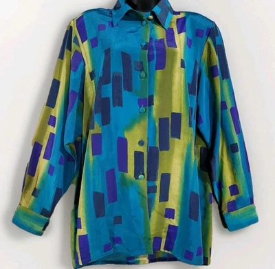 Liz Baker 几何纽扣上衣 XL 码丝质复古艺术穿肩垫 — 第 1/4 张图片