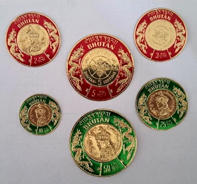 BHUTAN 1966- King Jigmes, Gold Foil Round Embossed Stamps Set of 6, MNH. WOW! - Image 1 of 3