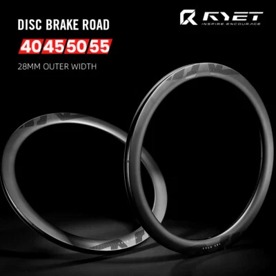 RYET 700C Carbon Disc Brake Road Bike Rim 40/45/50/55mm Clincher Tubeless Rims 24H