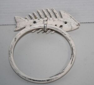 Cast Iron Towel Holder - 4½" Ring - Fish Skeleton Bone Shabby White Design
