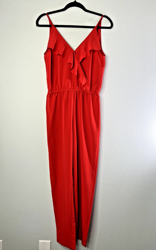 H & M Conscious Jumpsuit Red Sz 6 Ruffle V-Neck Satiny - Image 1 of 4