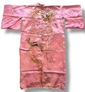 Antiguo auténtico kimono japonés rosa seda dragón túnica arte - necesita limpieza - Imagen 1 de 17