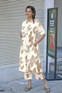 Indian Stitched Printed Co-ord Set Rayon Dress White Kurta Pants for Women - Imagen 1 de 3
