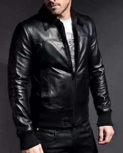Men's Motorcycle Black Slim Fit Designer Biker Sheepskin Genuine Leather Jacket - Picture 1 of 4