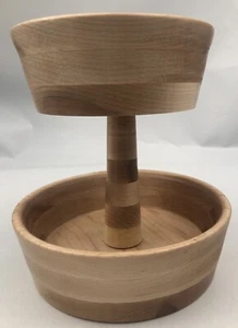 Handmade Hand Turned Wooden Two Tiered Tray Holder Basket 8” Tall - Picture 1 of 9