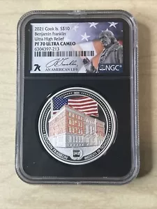 Cook Is 2021. Moneda $10 Plata NGC PF70 Ultra Camafeo Ben Franklin Alto Relieve 2 OZ - Imagen 1 de 9