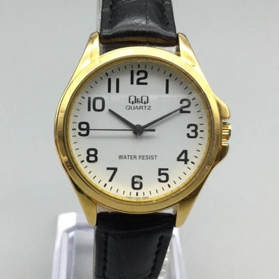 Q&Q Reloj Hombre 32mm Tono Dorado Esfera Redonda Correa Cuero Negro Batería Nueva Foto 1 de 4