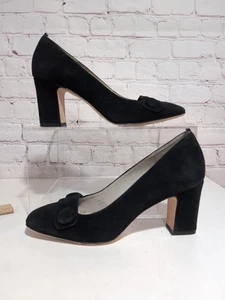 Boden Black Suede Leather Block Heel Pumps US 6 EU 37 Button Detail Square Toe - Picture 1 of 13