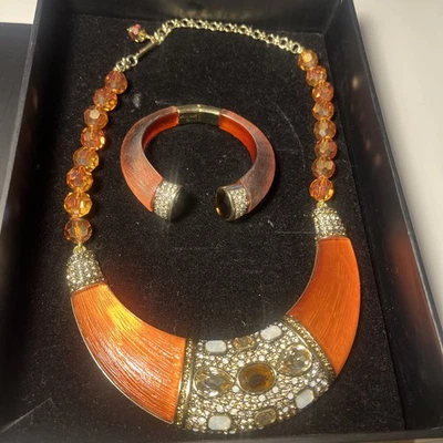 Heidi Daus Say It With Style Bib Drop 17" Orange Necklace & Bangle Bracelet Hsn — 第 1/4 张图片