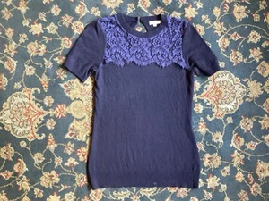 Women’s Navy Blue Short Sleeve Sweater Size Small S Lace - Picture 1 of 12
