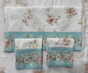 Vtg Full FLAT Sheet & 2 Pillowcases Pink Roses Turquoise Cottage Montgomery Ward - Picture 1 of 24