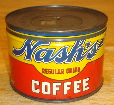 Vintage 1920's-30's Nash's Coffee 1 Pound Key-Wind Tin Coffee Can with Metal Lid - Image 1 of 4