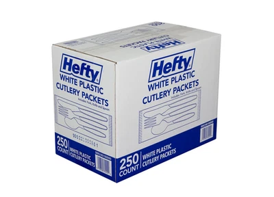 Paquetes combinados de cubiertos de plástico envueltos pesados 250 quilates - tenedores, cuchillos y cucharas Foto 1 de 4