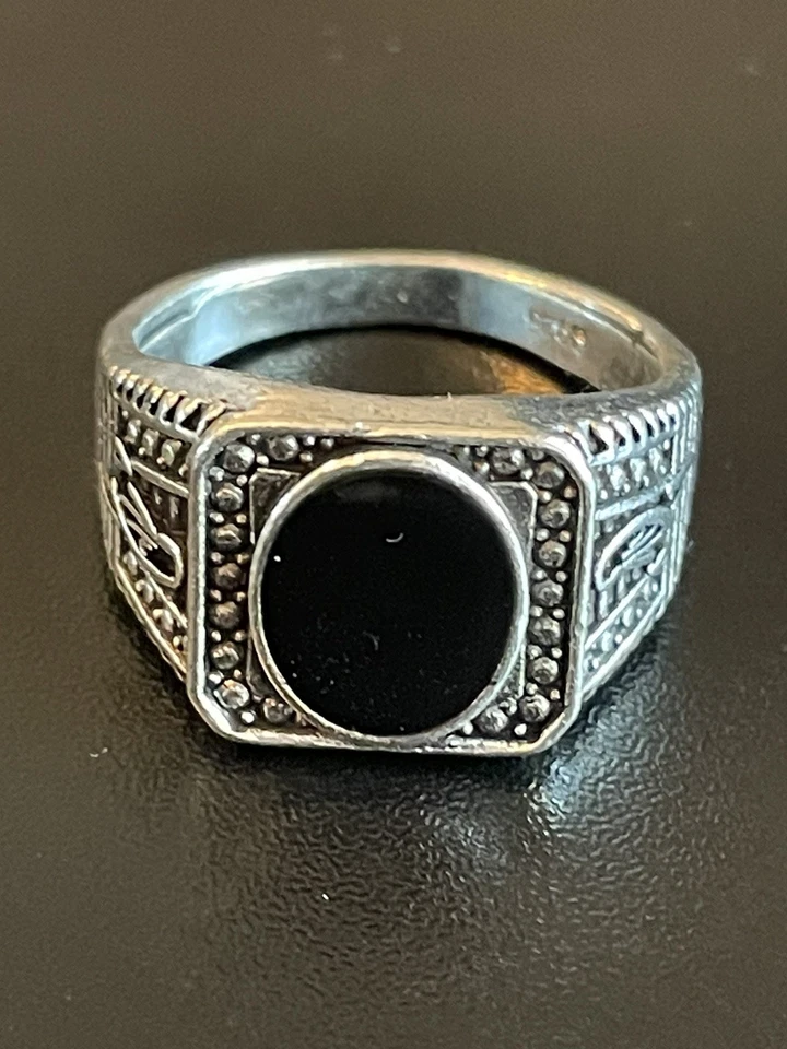 Повседневный черный обсидиан драгоценный камень S925 серебро покрытием мужчин женщин кольцо размер 9,75 - Изображение 1 из 4