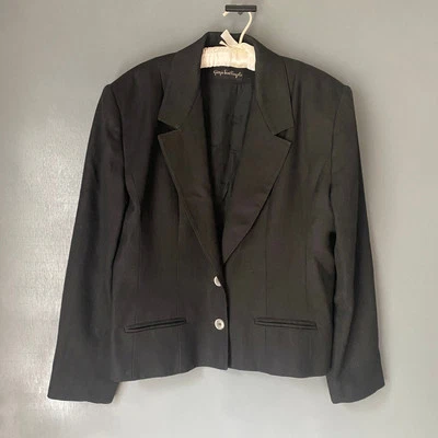 Blazer GIORGIO SANT'ANGELO Vintage Para Mujer 16 Negro Mezcla de Lino Forrado Dos Botones Foto 1 de 4