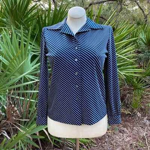 Vintage 70s Blouse Blue and White Striped Polyester Collar Vneck Size 12 M L  - Picture 1 of 8