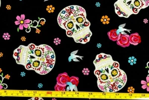 Tina Scrap 9"x21" Sugar Skull Halloween Black Zombie Apocalypse Cotton Fabric - Picture 1 of 2