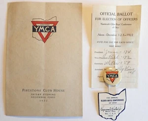Histórico 1922 HARVEY FIRESTONE CLUB HOUSE / MENÚ YMCA Botón Retroceso AKRON OHIO - Imagen 1 de 10