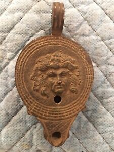 Ancient Brass Oil Lamp w/ Bacchus Cameo