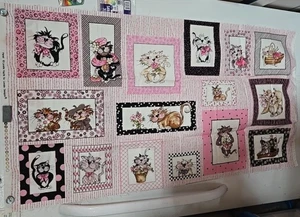 Rare Loralie Fancy Cats Pink Black Fabric Panel 23” x 44” - Picture 1 of 6